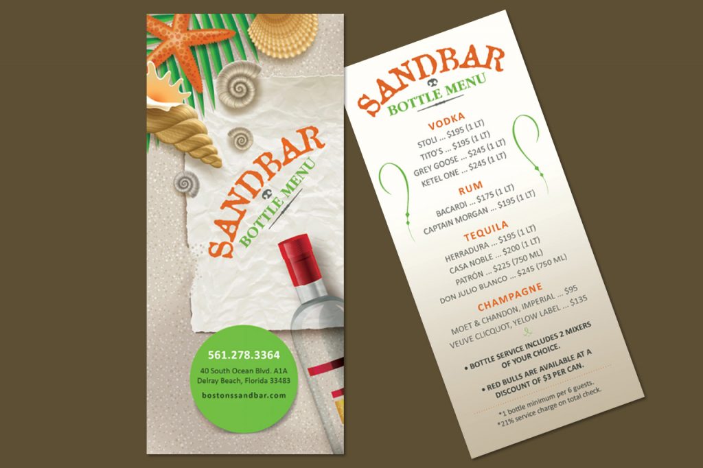 Sandbar Bottle Menu Graphic Design Printing